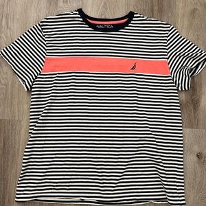 Nautica Preppy  Mens Large Pink Blue White Striped Short Sleeve Sailboat Logo